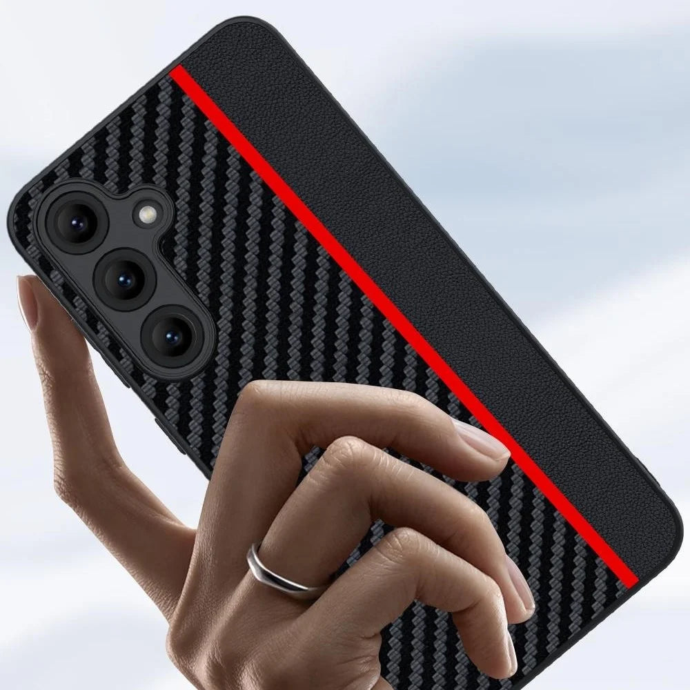 For Samsung Galaxy S24 FE Case Leather+PC Hard Phone Cover Carbon Fiber Texture - Black / Red - 2