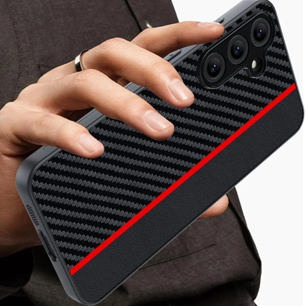 For Samsung Galaxy S24 FE Case Leather+PC Hard Phone Cover Carbon Fiber Texture - Black / Red - 3