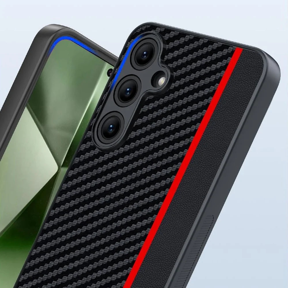 For Samsung Galaxy S24 FE Case Leather+PC Hard Phone Cover Carbon Fiber Texture - Black / Red - 5