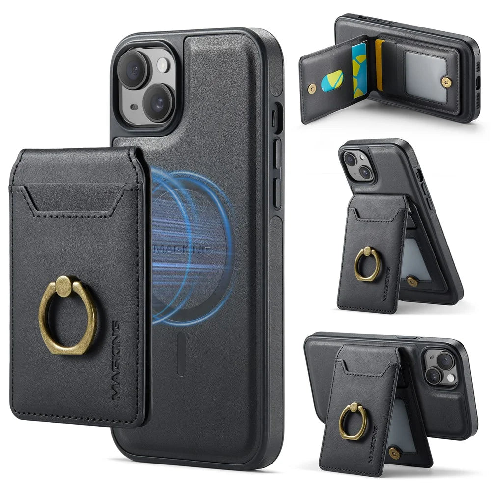 MAGKING K1 Series For iPhone 15 Magnetic Case PC+TPU+PU Phone Cover with Card Holder - Black - 1