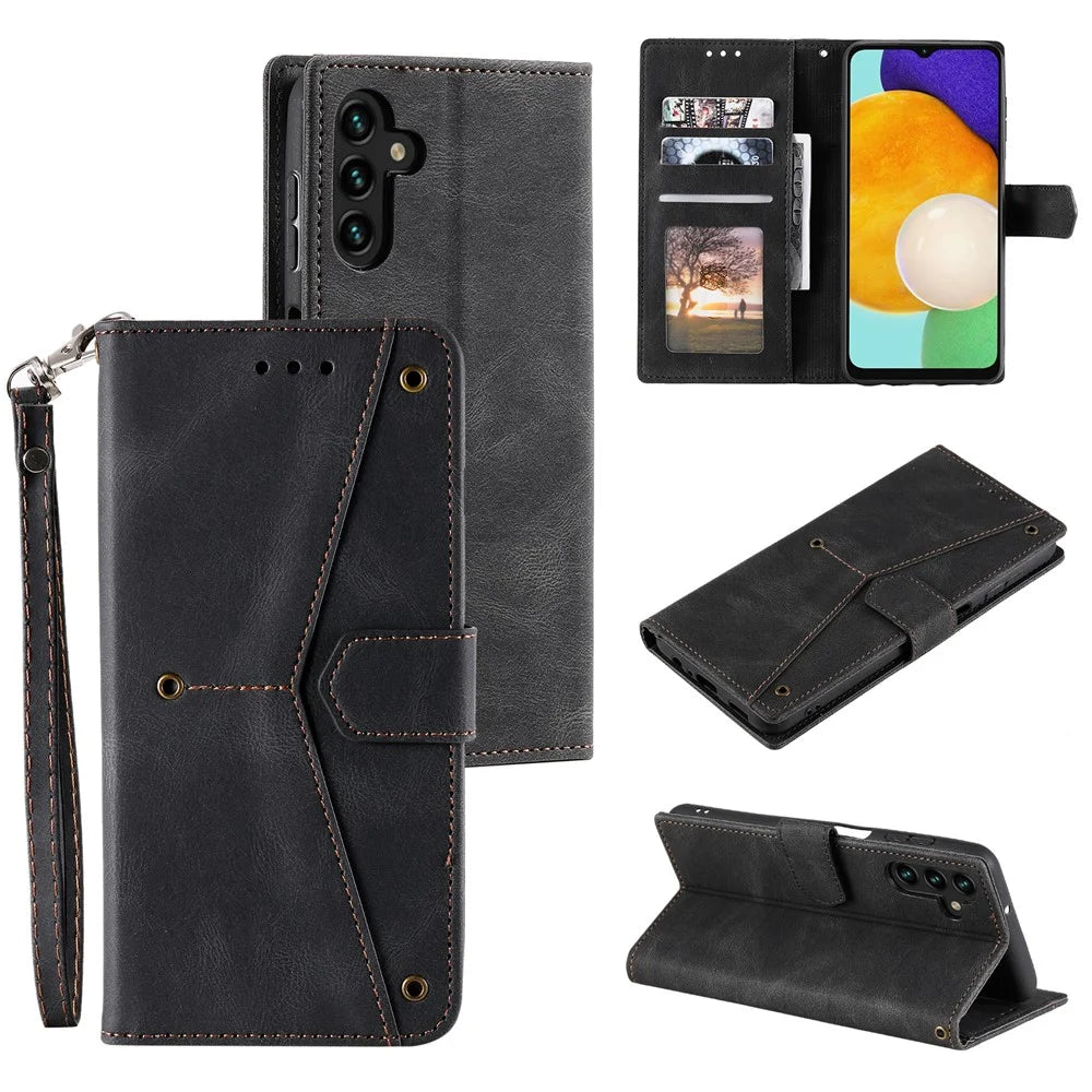 For Samsung Galaxy A36 5G Leather Case Splicing Stitching Wallet Stand Phone Cover with Strap - Black - 1