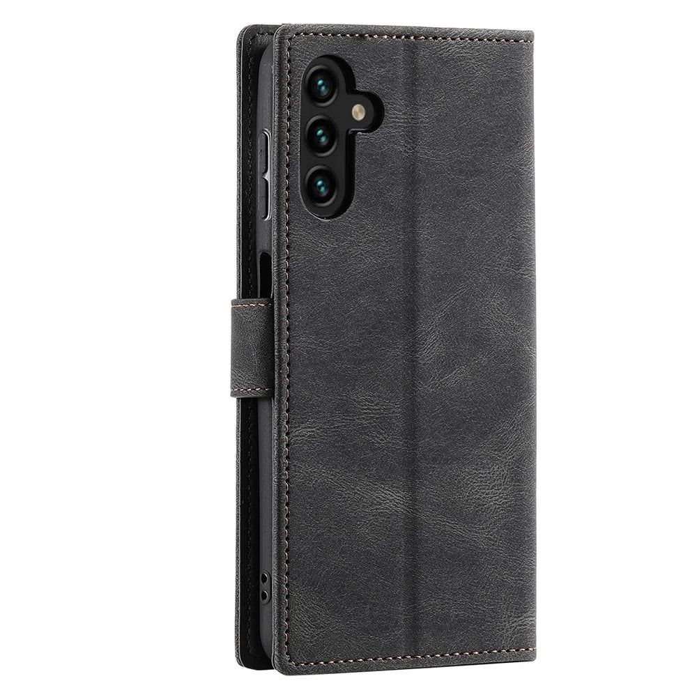 For Samsung Galaxy A36 5G Leather Case Splicing Stitching Wallet Stand Phone Cover with Strap - Black - 6