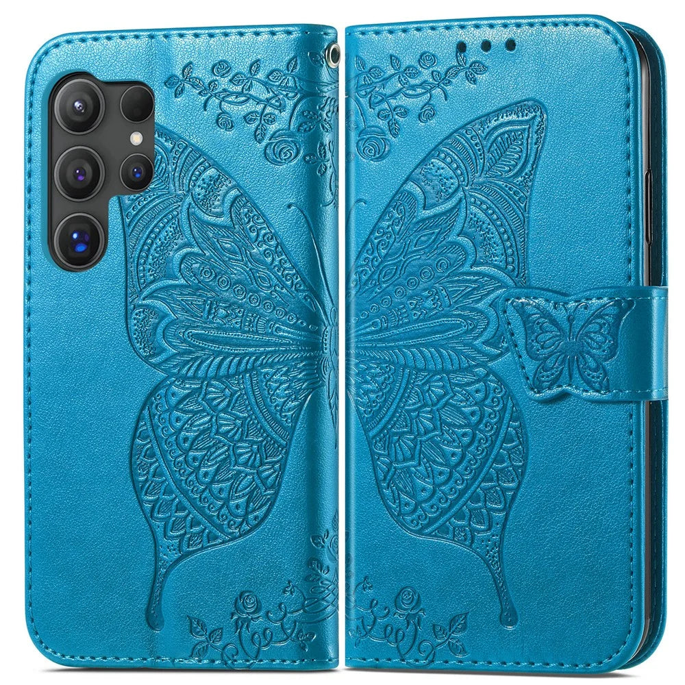 For Samsung Galaxy S25 Ultra Case with Strap Butterfly Pattern PU Leather Wallet Phone Cover - Blue - 2