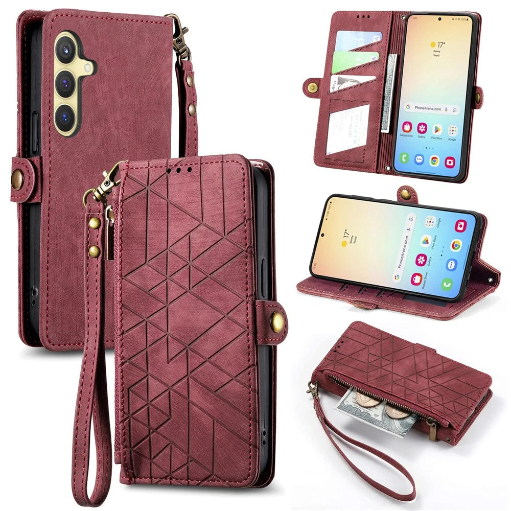 For Samsung Galaxy S25 Zipper Wallet Case Geometry Lines Leather Phone Cover with Strap - Red - 1