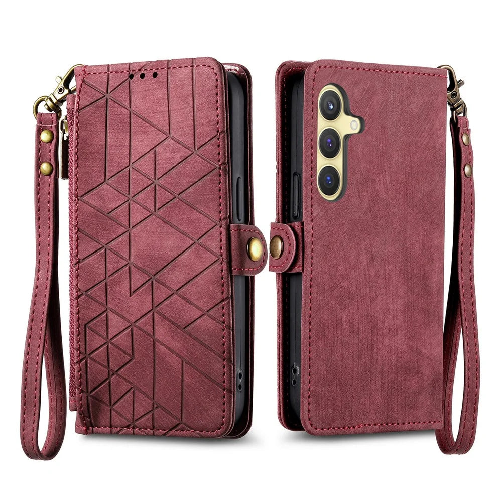 For Samsung Galaxy S25 Zipper Wallet Case Geometry Lines Leather Phone Cover with Strap - Red - 2