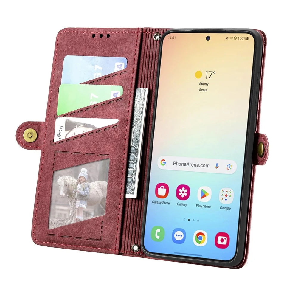 For Samsung Galaxy S25 Zipper Wallet Case Geometry Lines Leather Phone Cover with Strap - Red - 3