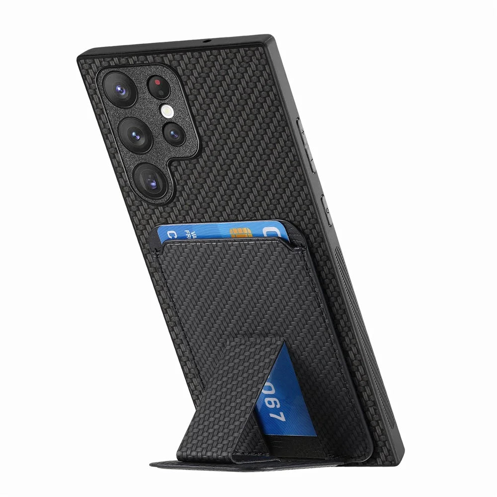 For Samsung Galaxy S25 Ultra Case Card Holder Carbon Fiber Texture Leather Coated TPU Phone Cover - Black - 3