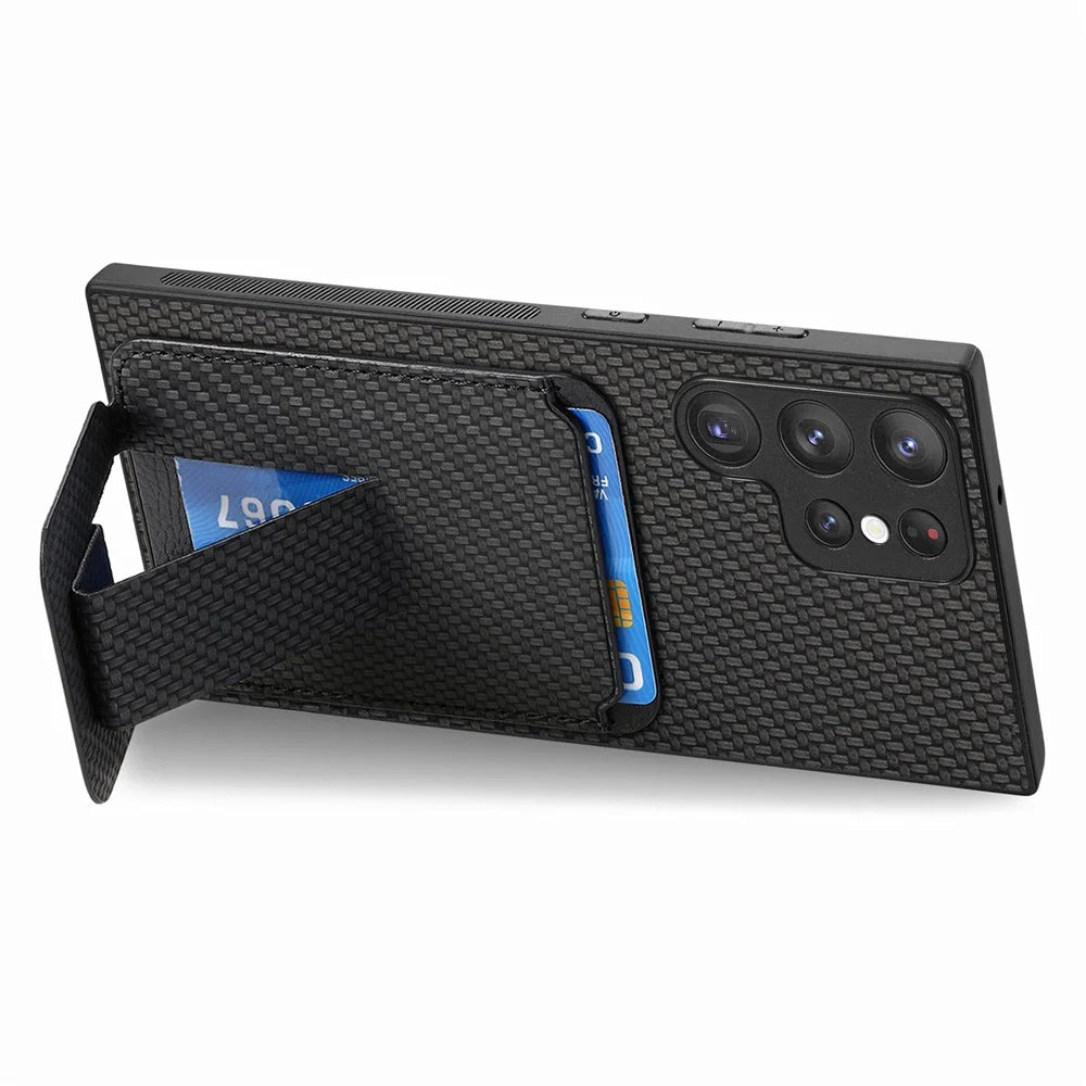 For Samsung Galaxy S25 Ultra Case Card Holder Carbon Fiber Texture Leather Coated TPU Phone Cover - Black - 4