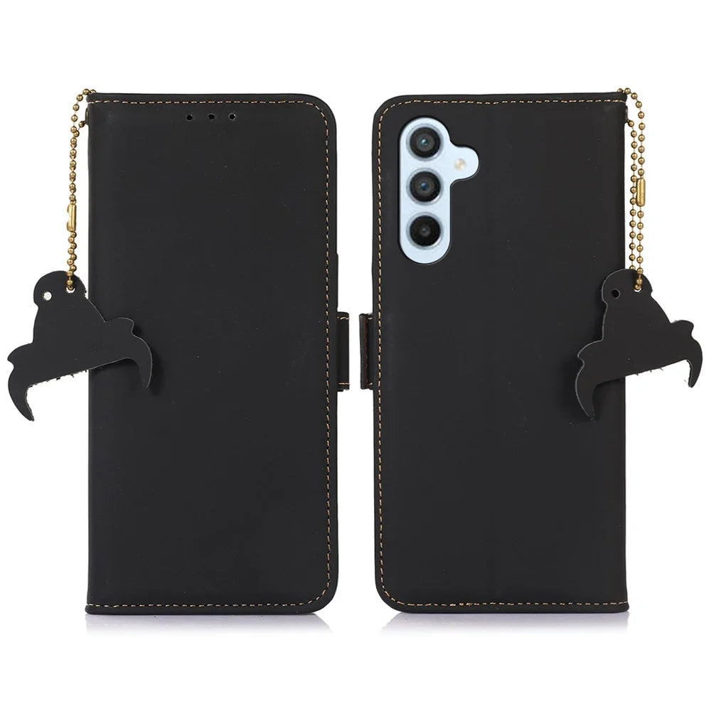 For Samsung Galaxy A36 5G Wallet Case Anti-Drop Genuine Cow Leather Phone Cover RFID Blocking - Black - 1