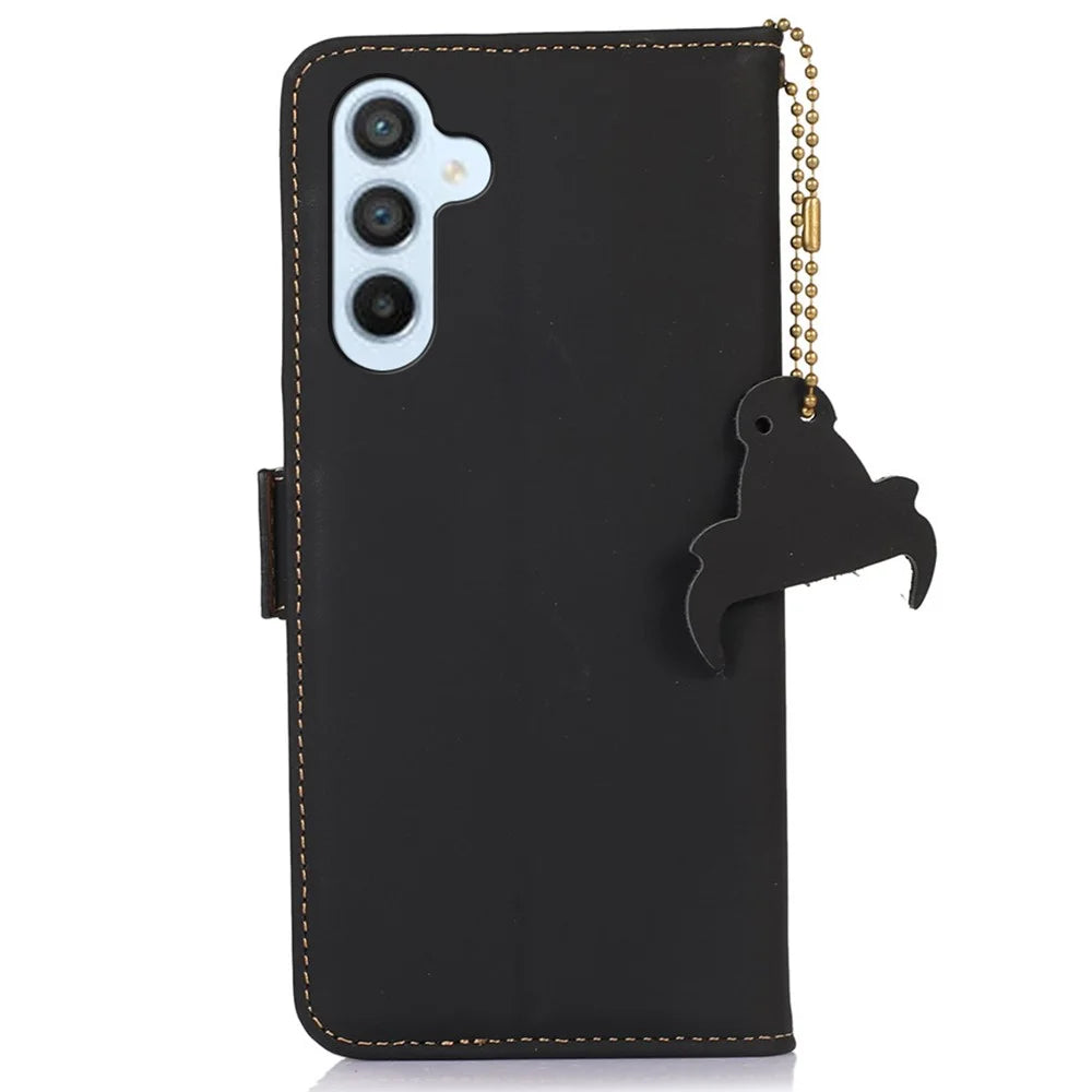 For Samsung Galaxy A36 5G Wallet Case Anti-Drop Genuine Cow Leather Phone Cover RFID Blocking - Black - 7