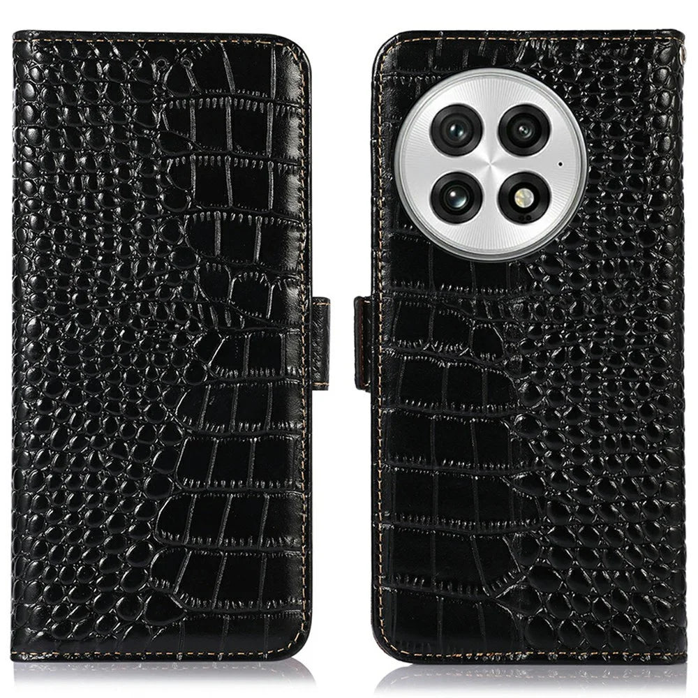 For OnePlus 13 Case Crocodile Texture Genuine Cow Leather Phone Wallet Cover - Black - 1