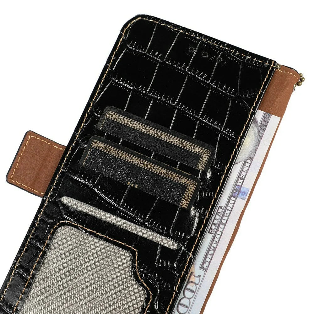 For OnePlus 13 Case Crocodile Texture Genuine Cow Leather Phone Wallet Cover - Black - 6