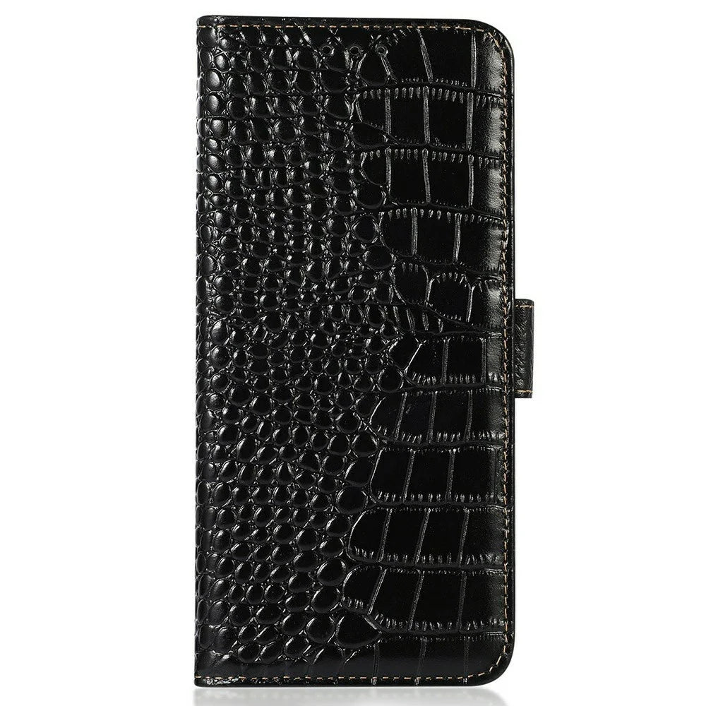 For OnePlus 13 Case Crocodile Texture Genuine Cow Leather Phone Wallet Cover - Black - 7