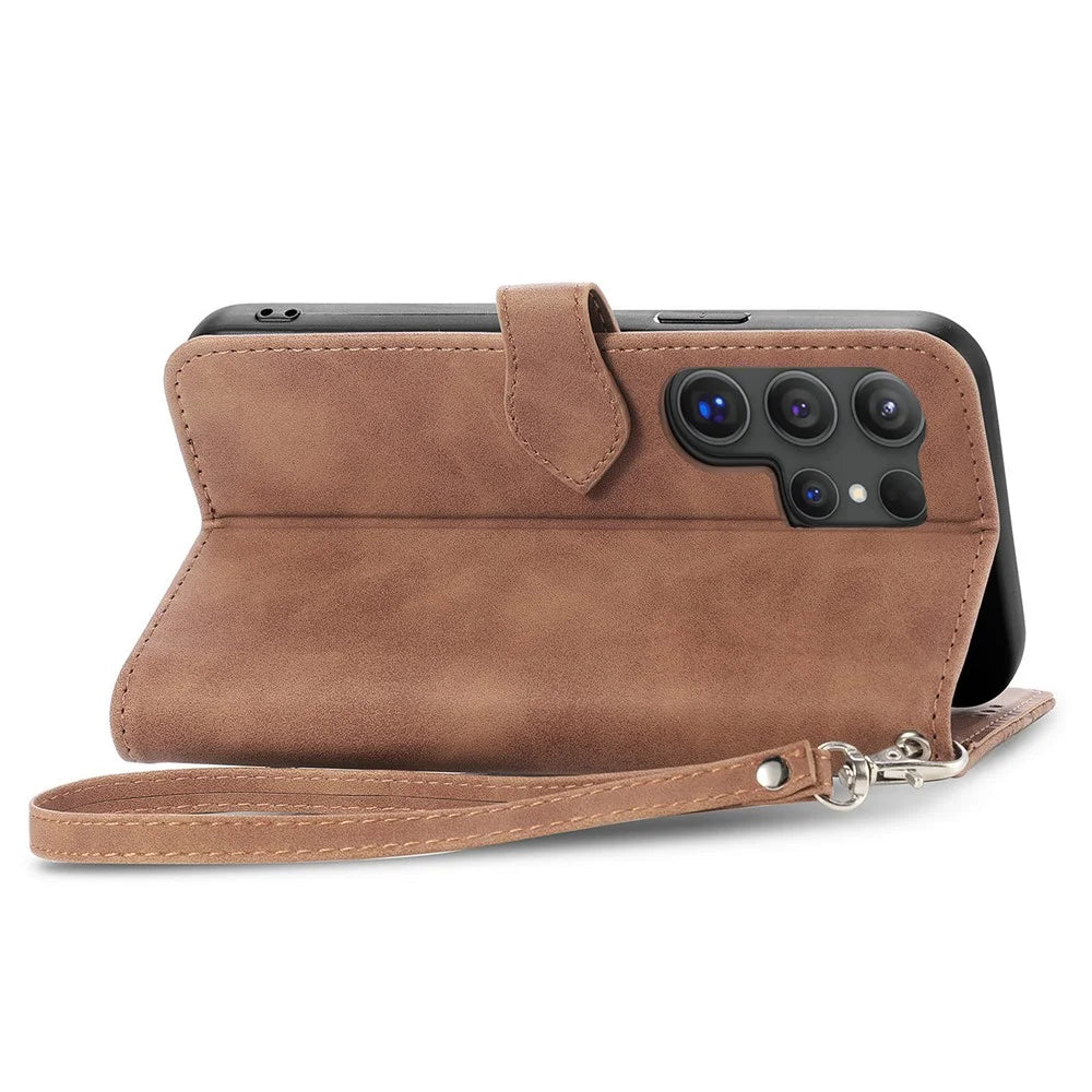 For Samsung Galaxy S25 Ultra Zipper Wallet Case with Strap Flower Imprint PU Leather Phone Cover - Brown - 6