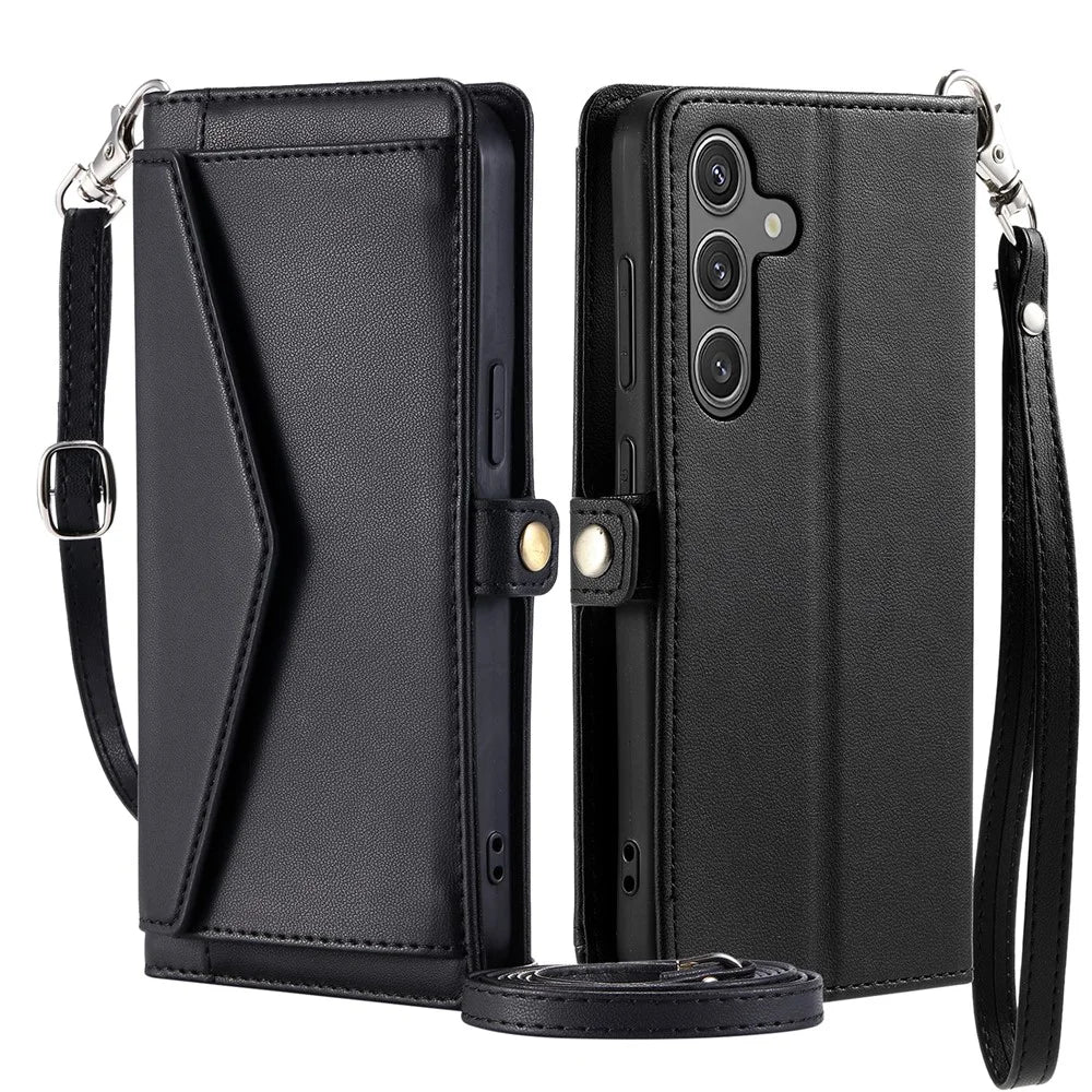 For Samsung Galaxy A56 5G Leather Case Wallet Stand Phone Cover with Straps - Black - 1