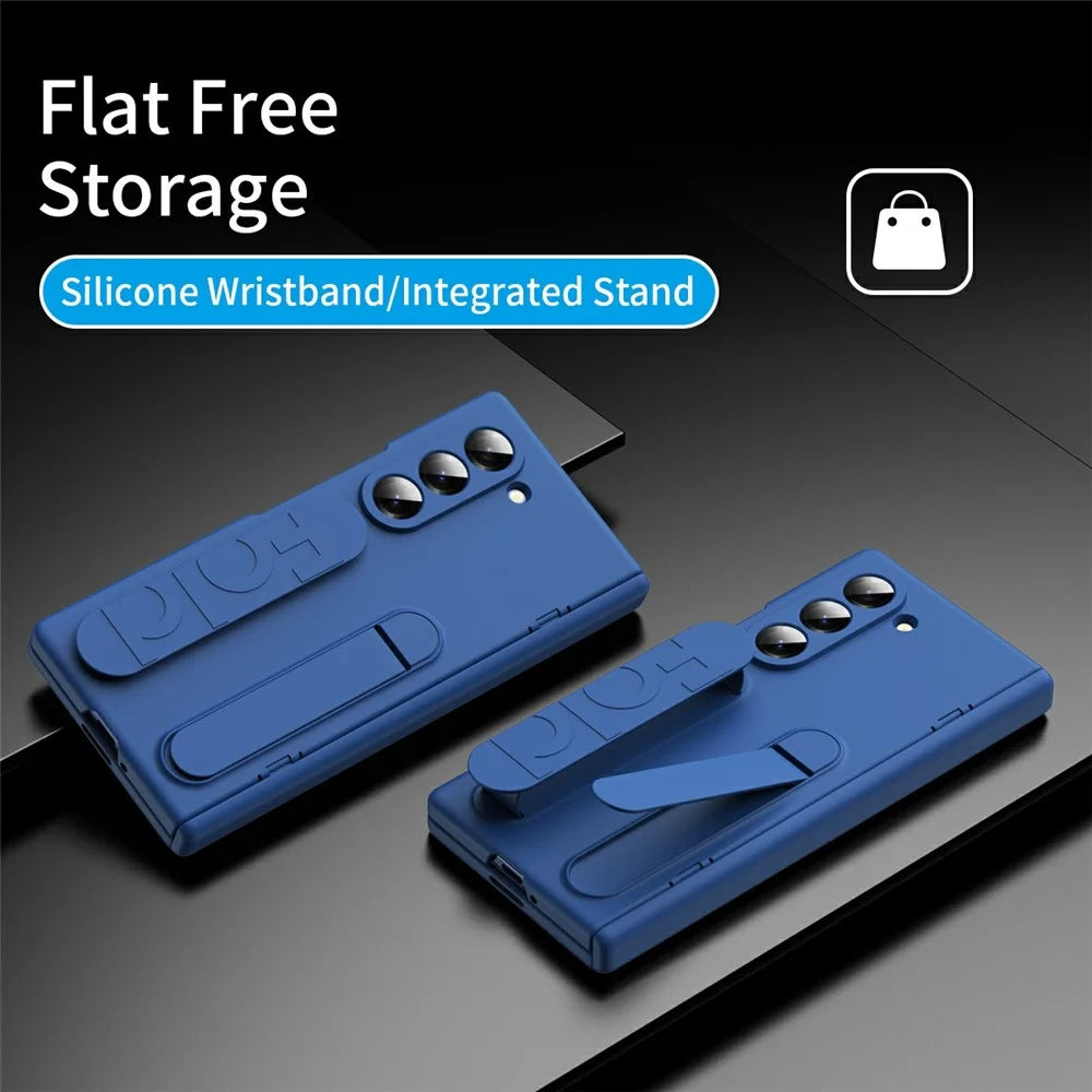 For Samsung Galaxy Z Fold6 5G Case with Tempered Glass Film Silicone Wristband Kickstand PC Phone Cover - Blue - 2