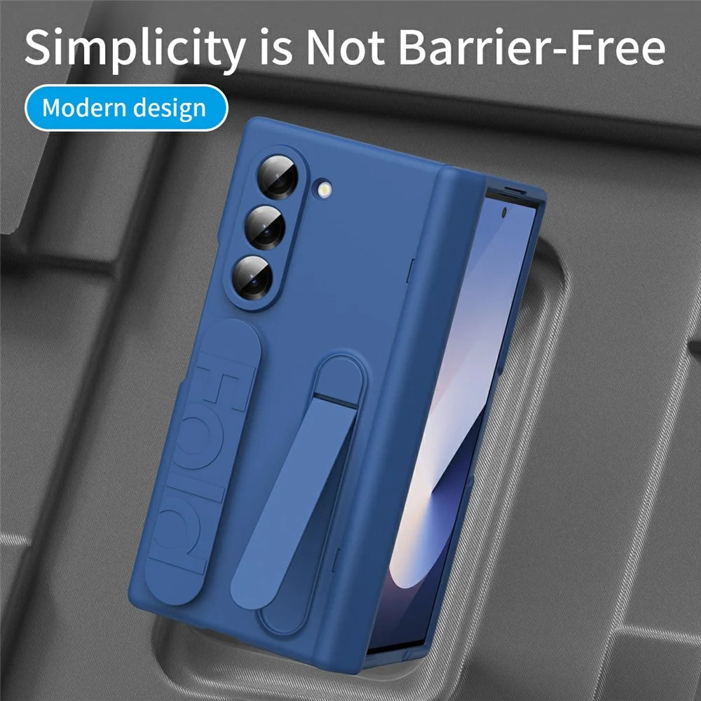 For Samsung Galaxy Z Fold6 5G Case with Tempered Glass Film Silicone Wristband Kickstand PC Phone Cover - Blue - 3