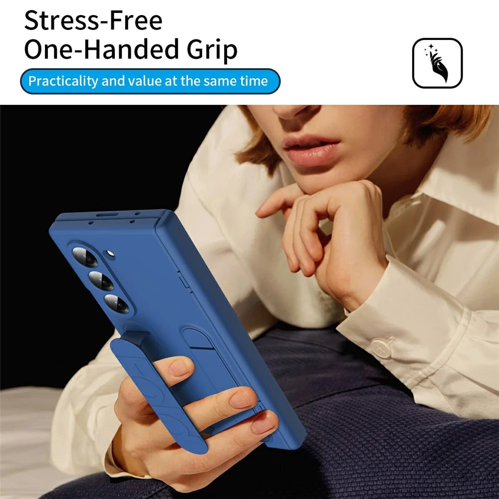 For Samsung Galaxy Z Fold6 5G Case with Tempered Glass Film Silicone Wristband Kickstand PC Phone Cover - Blue - 4