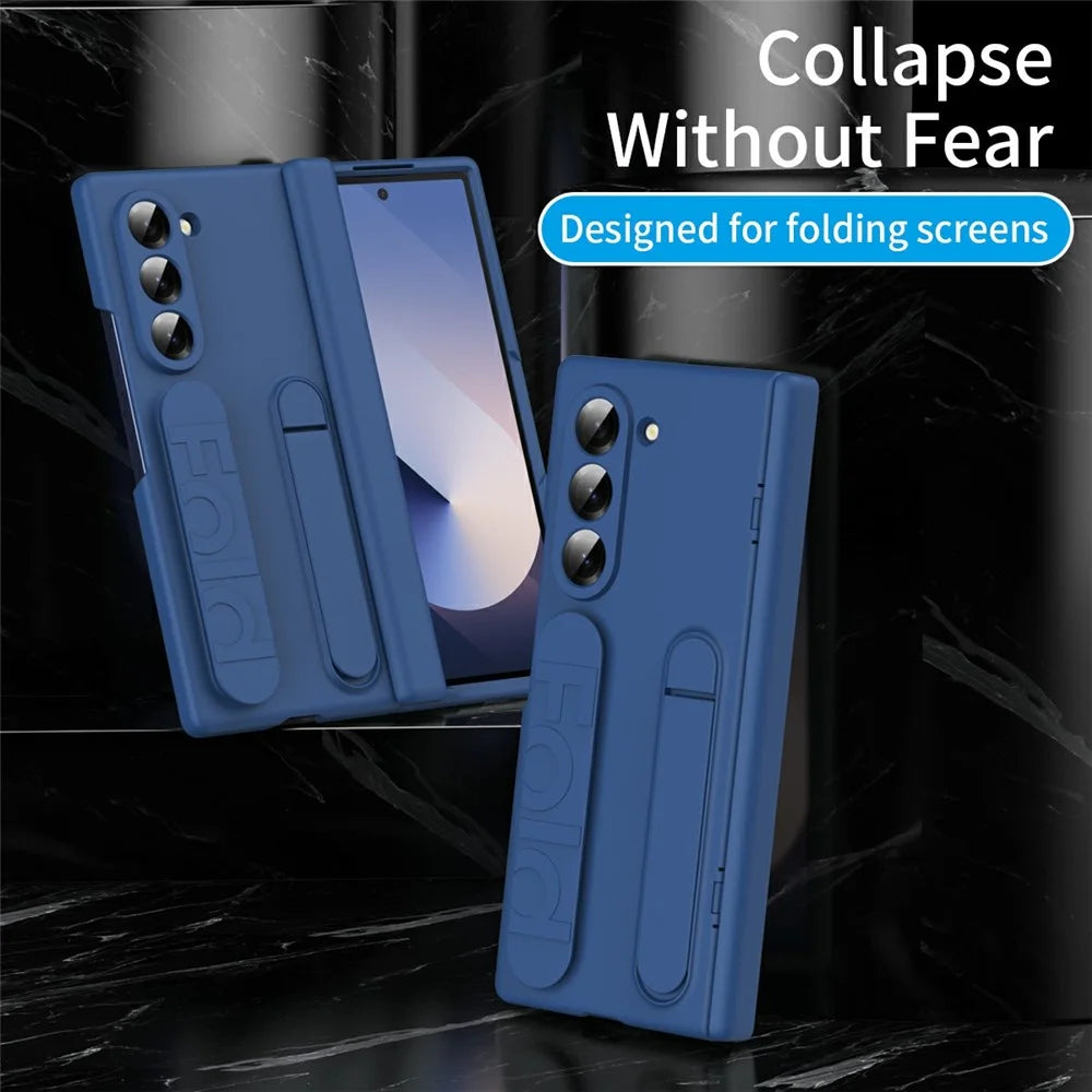 For Samsung Galaxy Z Fold6 5G Case with Tempered Glass Film Silicone Wristband Kickstand PC Phone Cover - Blue - 6