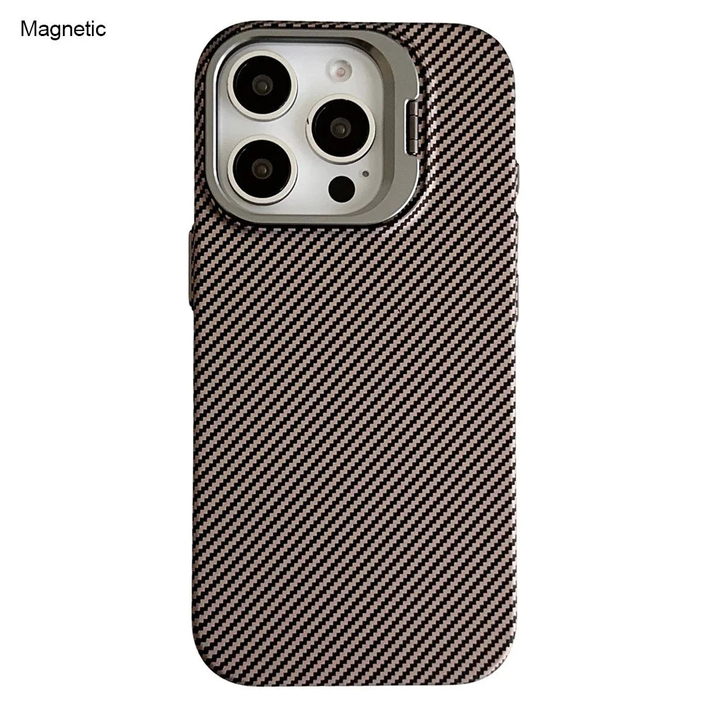 For iPhone 16 Pro Max Magnetic Case 600D Fine Carbon Fiber Texture Kickstand Phone Back Cover - Brown - 1