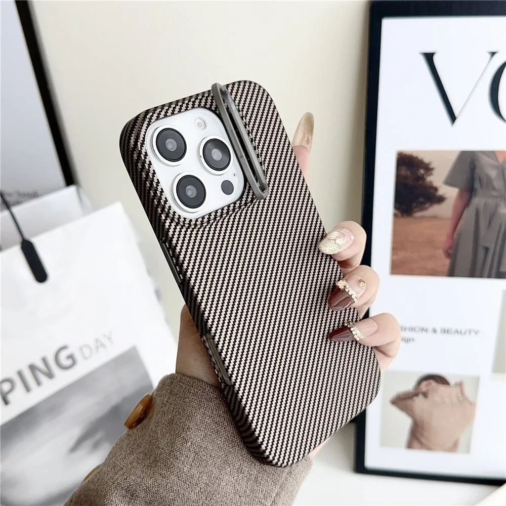 For iPhone 16 Pro Max Magnetic Case 600D Fine Carbon Fiber Texture Kickstand Phone Back Cover - Brown - 2
