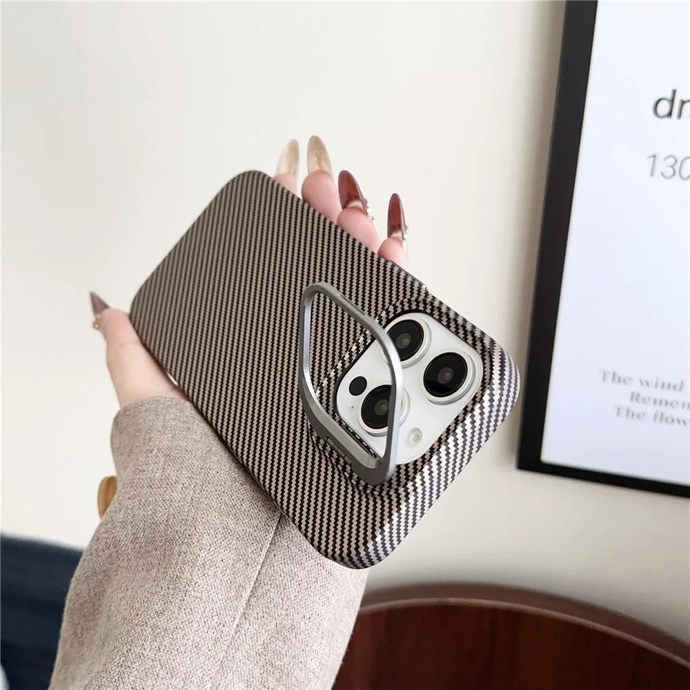 For iPhone 16 Pro Max Magnetic Case 600D Fine Carbon Fiber Texture Kickstand Phone Back Cover - Brown - 3