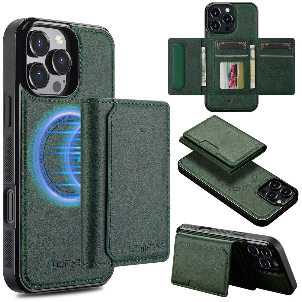 LC.IMEEKE L5 For iPhone 16 Pro Max Magnetic Phone Case Leather Back Cover with Detachable Card Holder - Green - 1