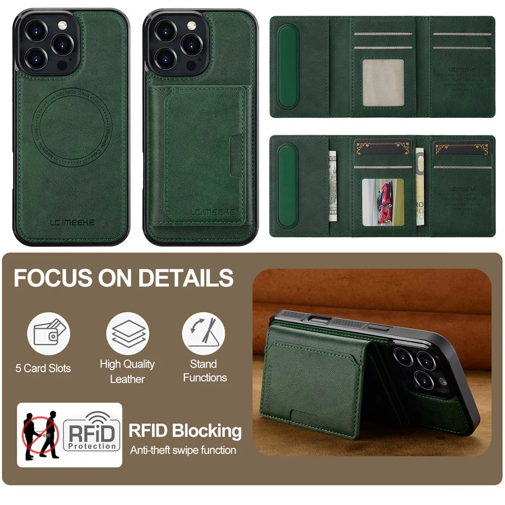 LC.IMEEKE L5 For iPhone 16 Pro Max Magnetic Phone Case Leather Back Cover with Detachable Card Holder - Green - 7