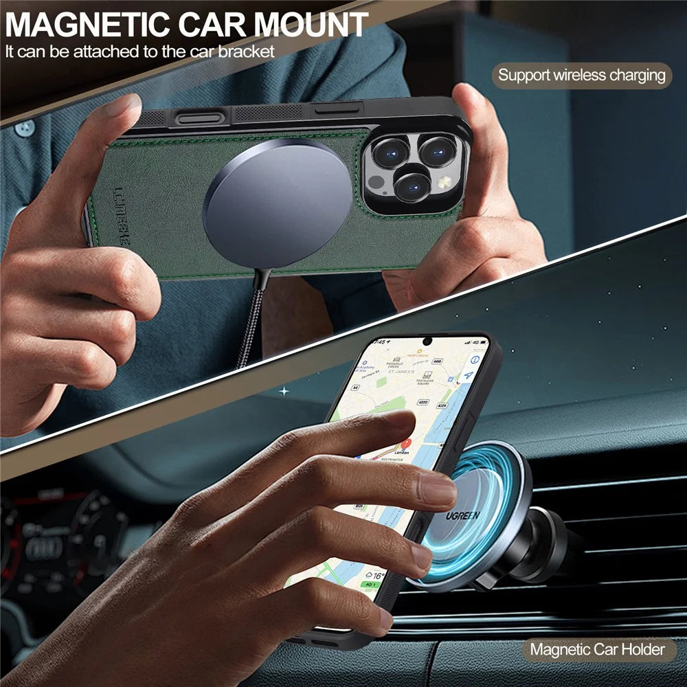 LC.IMEEKE For iPhone 16 Pro Max Magnetic Case Compatible with MagSafe Leather+TPU Back Cover - Green - 3