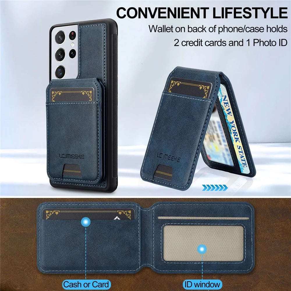 LC.IMEEKE L3 For Samsung Galaxy S22 Ultra 5G Magnetic Case Detachable Card Holder Leather+TPU Mobile Cover - Blue - 5
