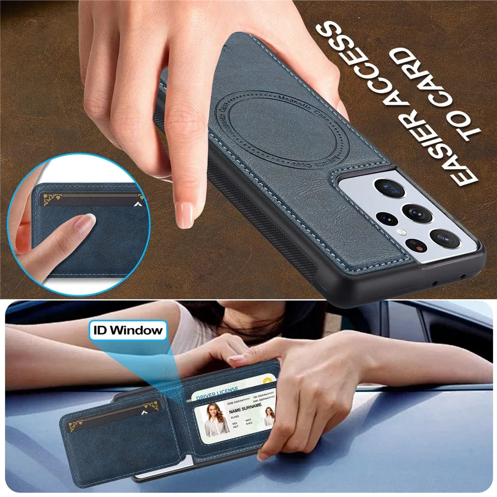 LC.IMEEKE L3 For Samsung Galaxy S22 Ultra 5G Magnetic Case Detachable Card Holder Leather+TPU Mobile Cover - Blue - 6