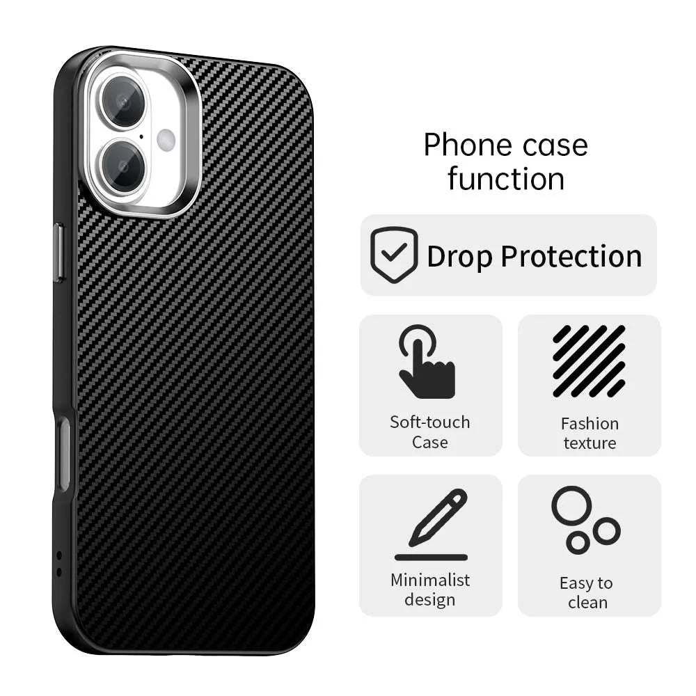 For iPhone 16 Case Cell Phone Hybrid Back Cover Carbon Fiber Texture - Black - 2
