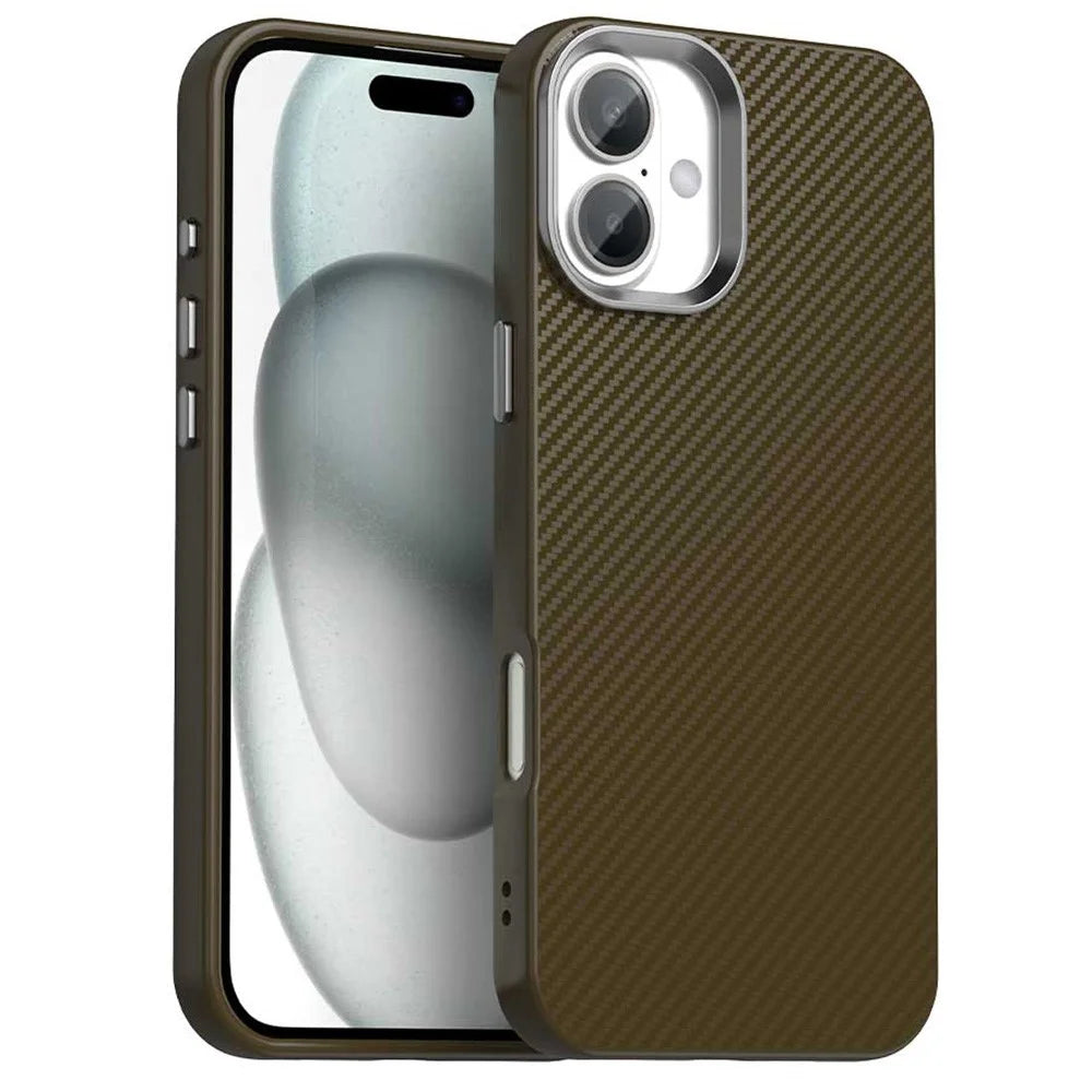 For iPhone 16 Plus Case Cell Phone Hybrid Back Cover Carbon Fiber Texture - Brown - 1