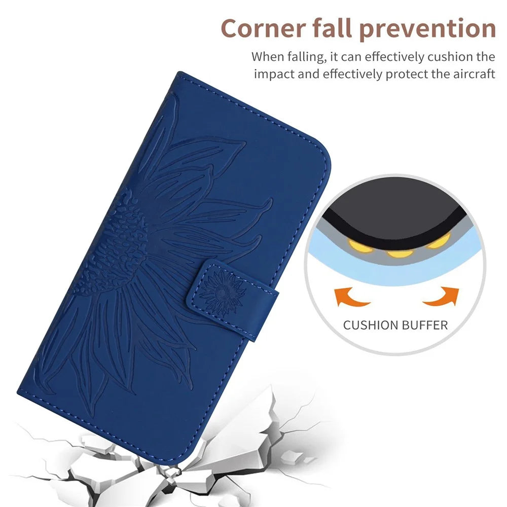 For Samsung Galaxy A56 5G / M56 5G Case Sunflower Imprint Leather Wallet Phone Cover with Wrist Strap - Sapphire - 5