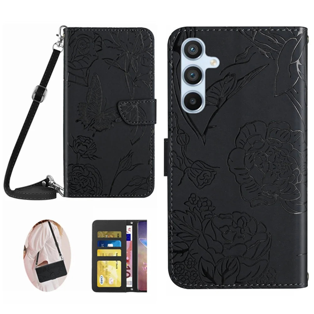 For Samsung Galaxy A56 5G / M56 5G Case Anti-Drop Leather Phone Cover Butterfly Flower Imprint - Black - 1