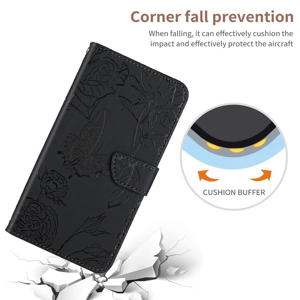 For Samsung Galaxy A56 5G / M56 5G Case Anti-Drop Leather Phone Cover Butterfly Flower Imprint - Black - 6