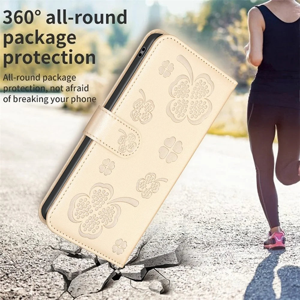 For Samsung Galaxy A56 5G Case Clover Pattern Wallet Stand View Leather Phone Cover - Gold - 5