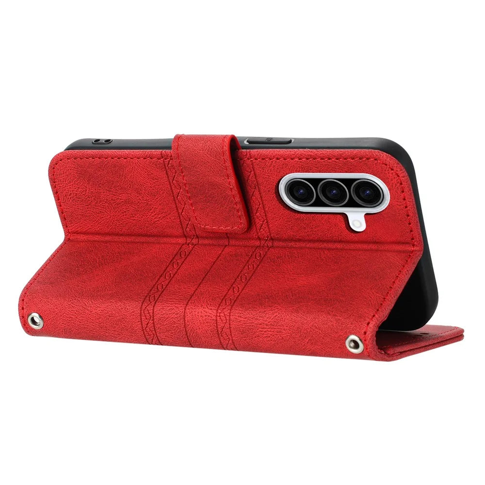 For Samsung Galaxy A36 5G Case Wallet Skin-Touch Leather Imprinted Phone Cover - Red - 3