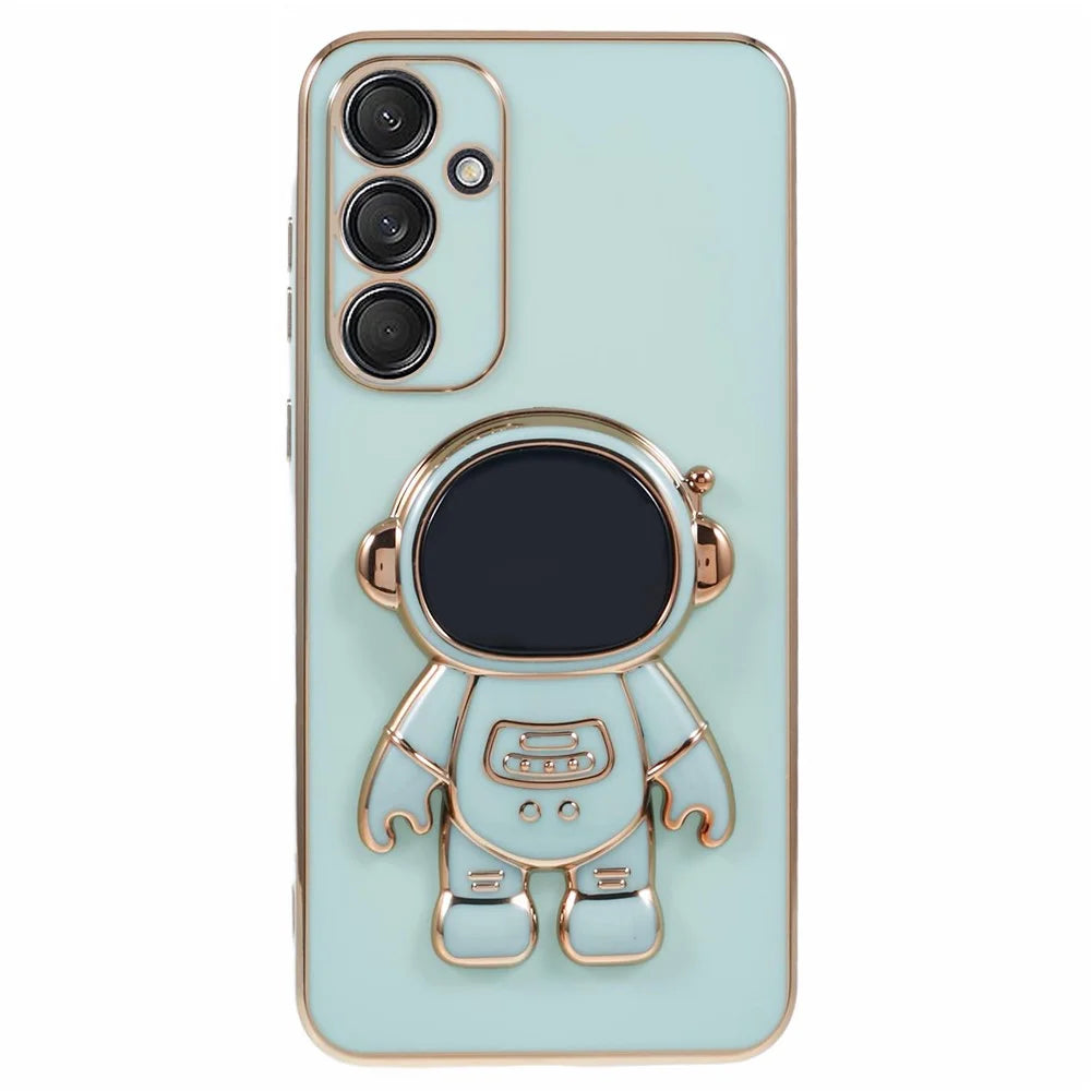 For Samsung Galaxy S25 Case Electroplating Soft TPU Phone Cover with Astronaut Hidden Kickstand - Cyan - 1