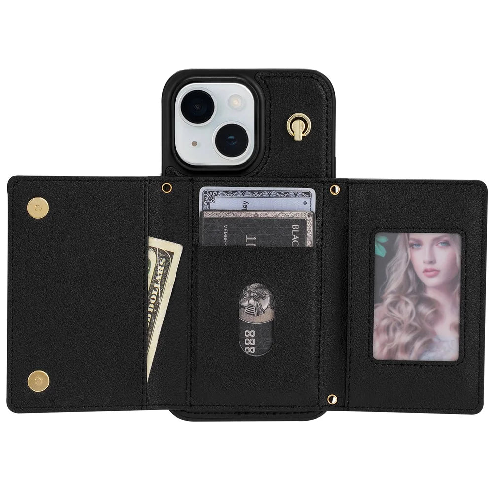 BKS-003 For iPhone 15 Case Tri-Fold Card Holder Kickstand TPU+Leather Back Cover with Shoulder Strap - Black - 4