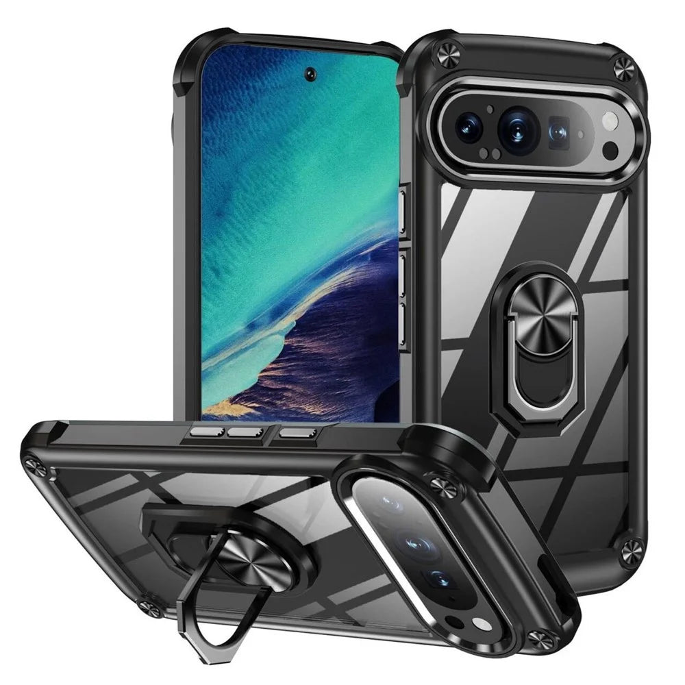 For Google Pixel 9 Pro  /  Pixel 9 Case Alloy Lens Frame PC + TPU Kickstand Phone Back Cover - Black - 1