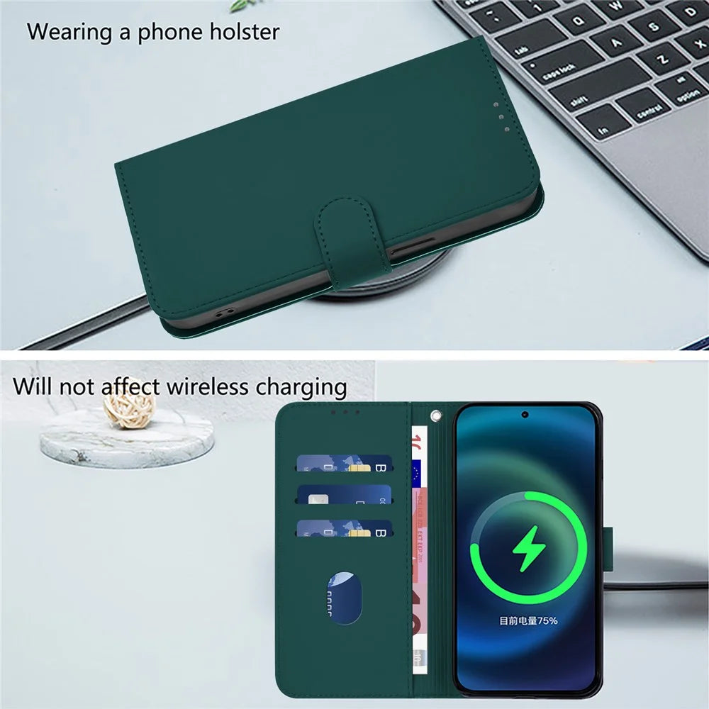 For iPhone 16 Case Solid Color Wallet Leather Phone Cover with Strap - Dark Green - 6