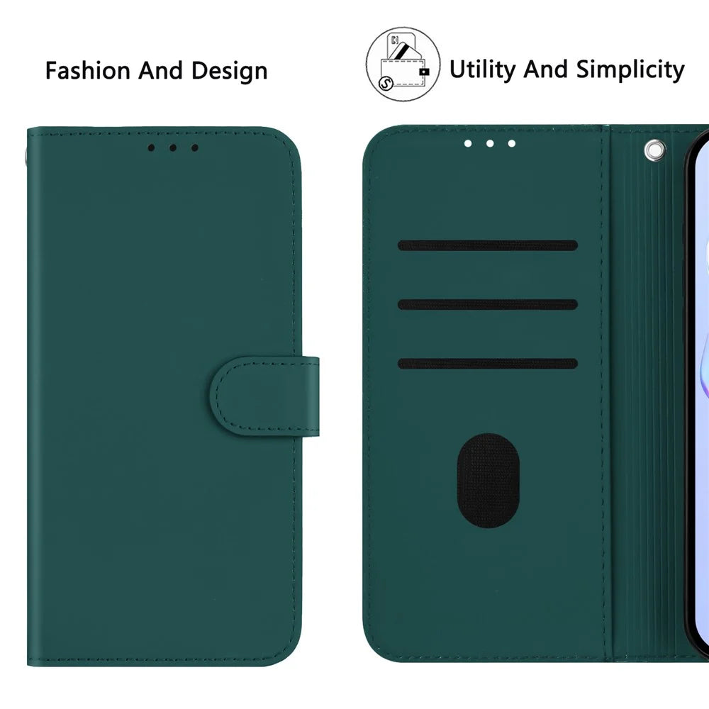 For iPhone 16 Case Solid Color Wallet Leather Phone Cover with Strap - Dark Green - 7
