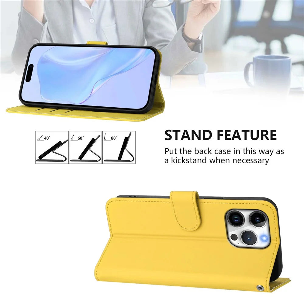 For iPhone 16 Pro Max Case Solid Color Wallet Leather Phone Cover with Strap - Lemon - 3