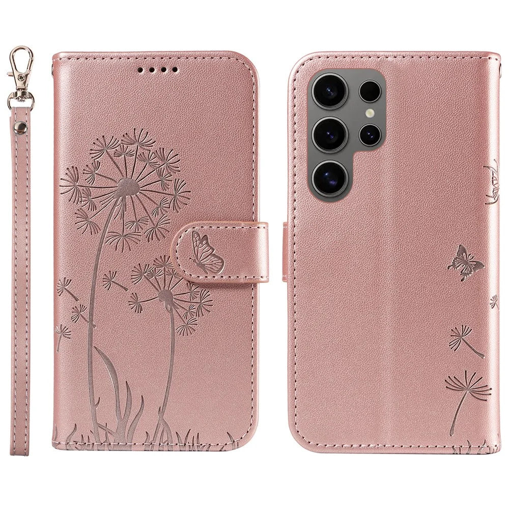 For Samsung Galaxy S25 Ultra Leather Case Wallet Phone Cover Dandelion Imprint - Rose Gold - 1