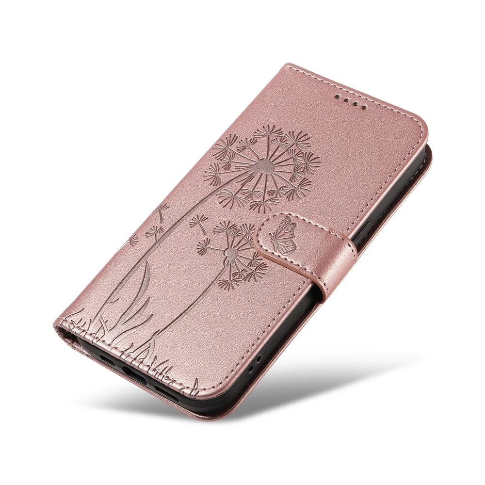 For Samsung Galaxy S25 Ultra Leather Case Wallet Phone Cover Dandelion Imprint - Rose Gold - 6