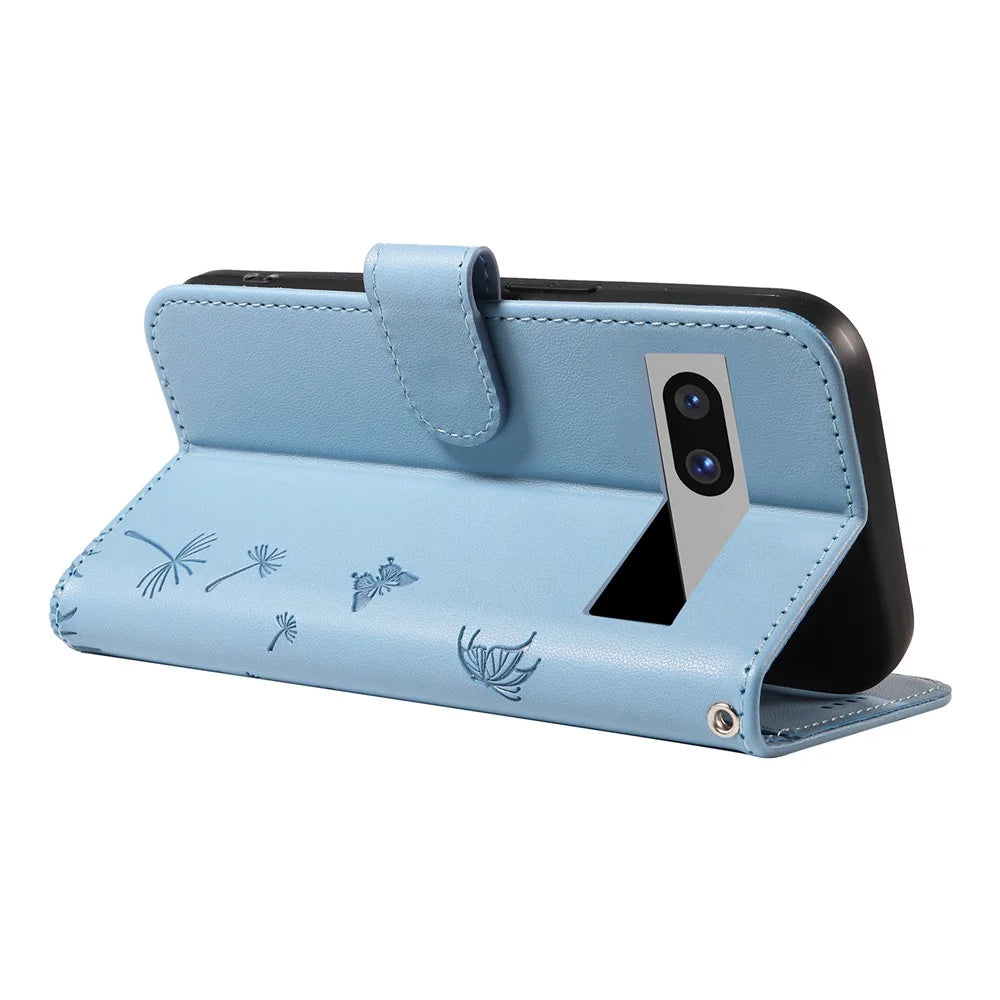 For Google Pixel 7a Leather Case Wallet Phone Cover Dandelion Imprint - Sky Blue - 4