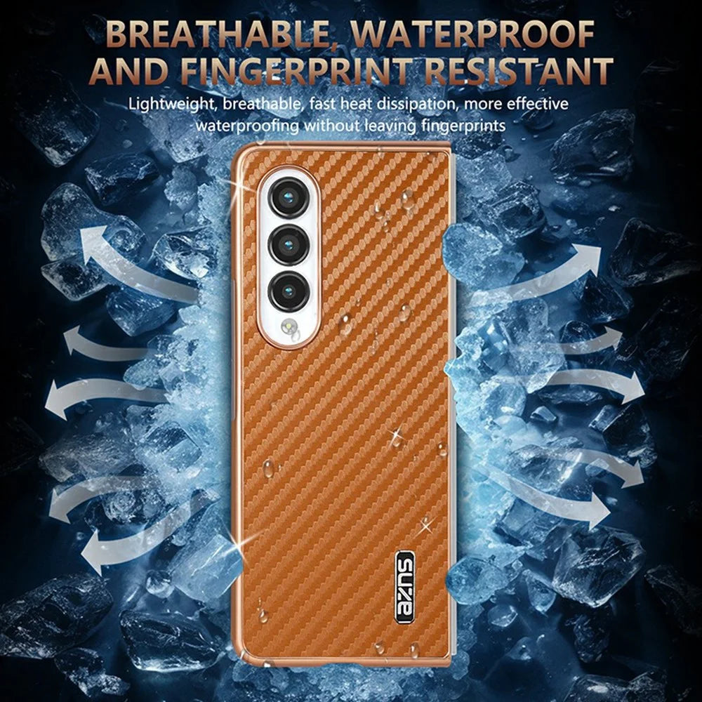 AZNS For Samsung Galaxy Z Fold4 5G Case Electroplating Carbon Fiber Texture PU+TPU Phone Cover - Black - 7