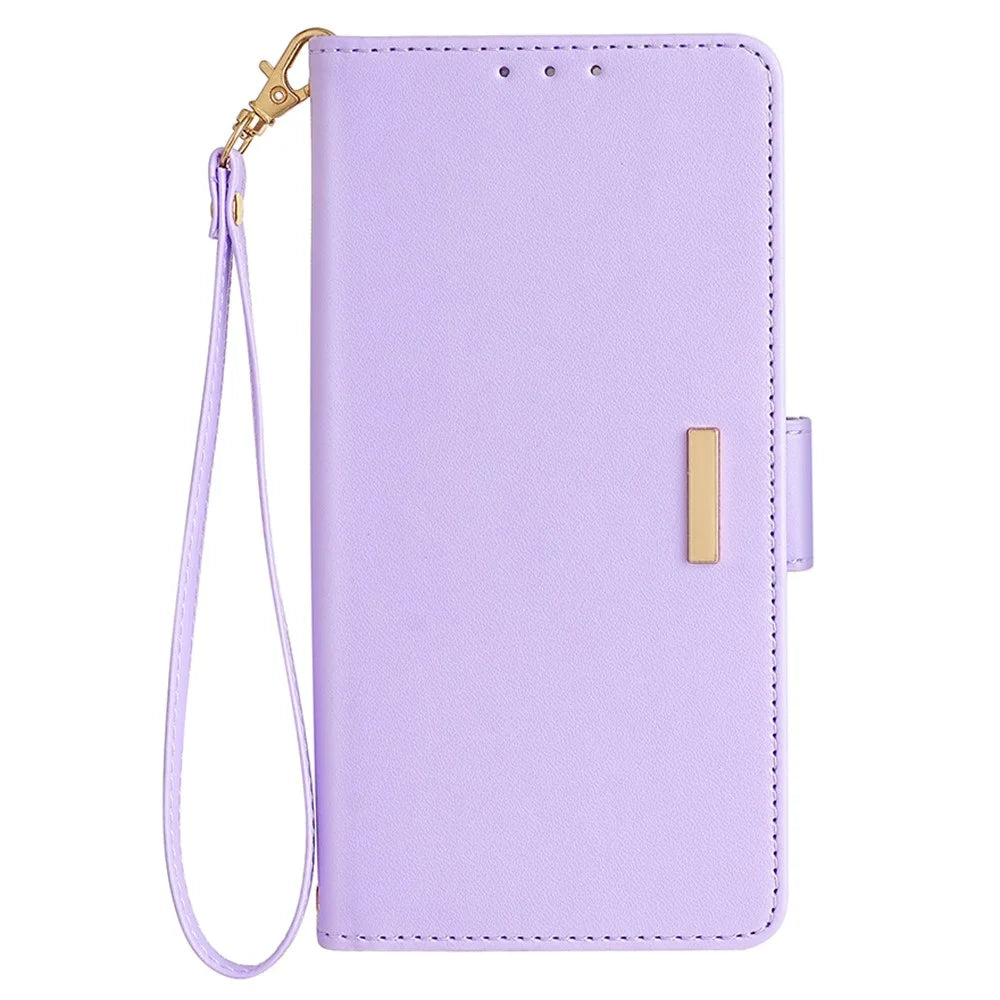 For OnePlus 12 5G Leather Wallet Case RFID Blocking Stand Cover with Hand Strap - Purple - 6