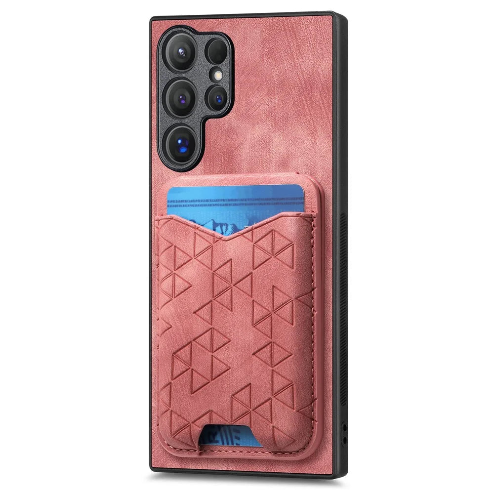 For Samsung Galaxy S23 Ultra Case Imprinted Pattern Card Holder Kickstand Leather Back Cover - Pink - 2